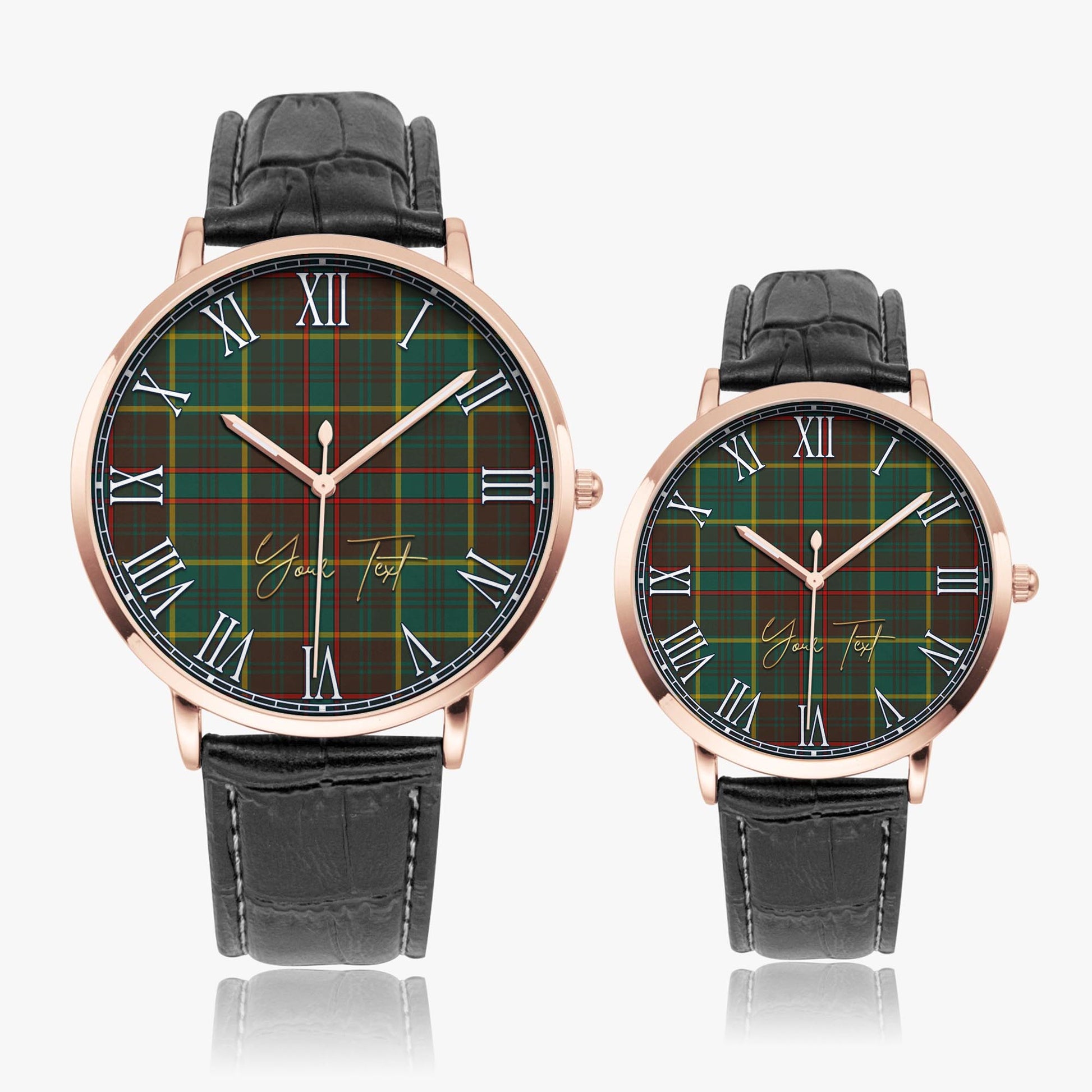 Ontario Province Canada Tartan Personalized Your Text Leather Trap Quartz Watch Ultra Thin Rose Gold Case With Black Leather Strap - Tartanvibesclothing