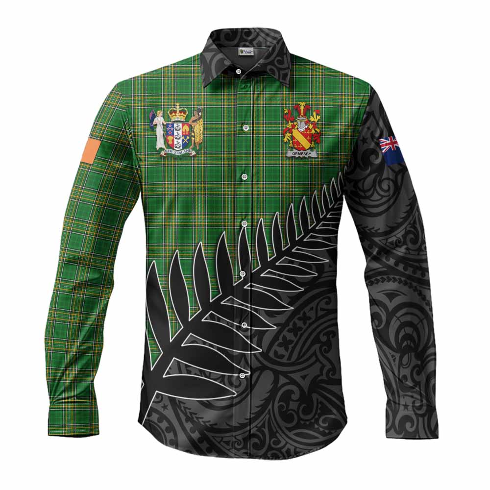 Tartan Vibes Clothing Ormesby Irish Clan Tartan Long Sleeve Button Shirt with Coat of Arms New Zealand Silver Fern Half Style