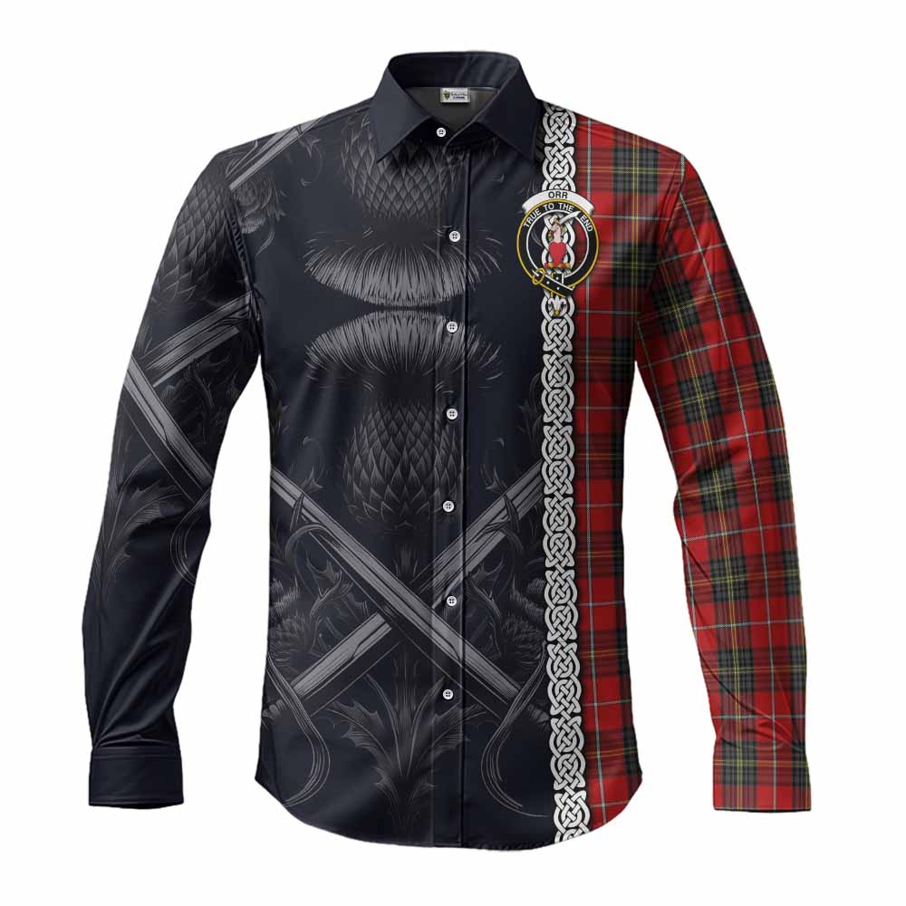 Tartan Vibes Clothing Orr Tartan Long Sleeve Button Shirt with Family Crest Cross Sword Thistle Celtic Vibes