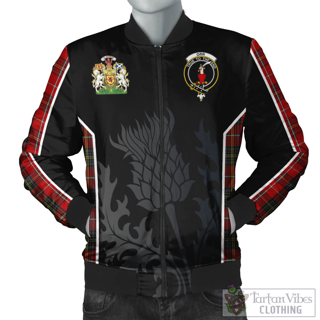 Orr Tartan Bomber Jacket with Family Crest and Scottish Thistle Vibes Sport Style Unisex Black - Tartan Vibes Clothing