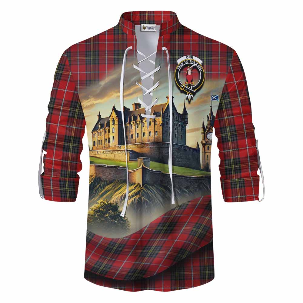 Orr Tartan Family Crest Ghillie Kilt Shirt with Scottish Ancient Castle Style Men - Tartan Vibes Clothing
