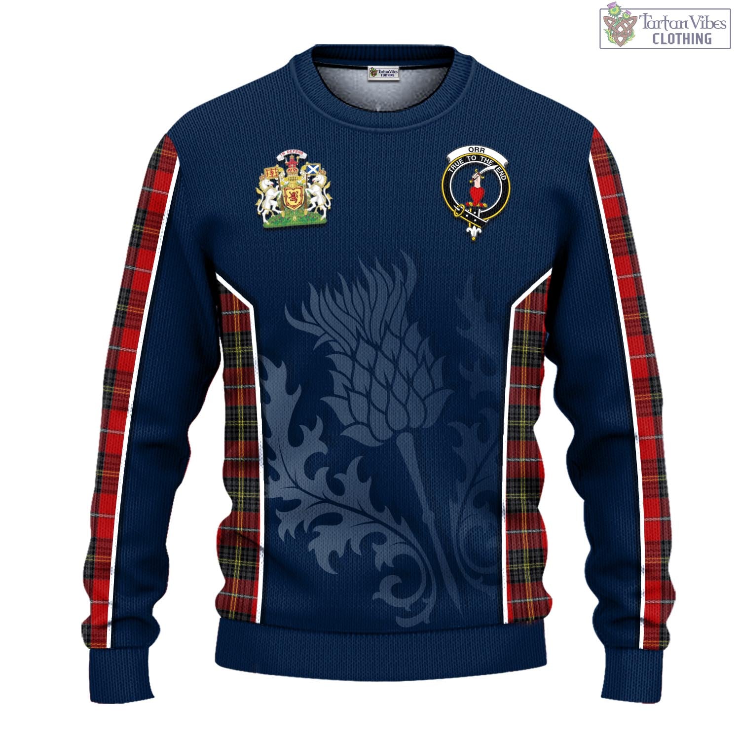 Orr Tartan Knitted Sweatshirt with Family Crest and Scottish Thistle Vibes Sport Style - Tartan Vibes Clothing
