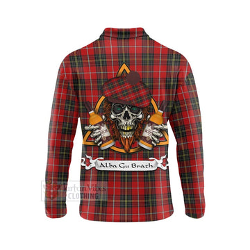 Orr Tartan Long Sleeve Polo Shirt with Family Crest and Bearded Skull Holding Bottles of Whiskey - Tartan Vibes Clothing