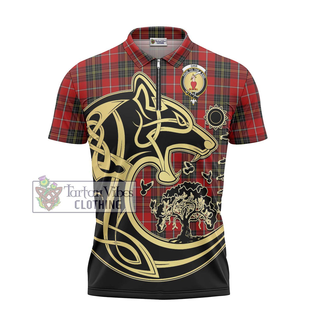 Orr Tartan Zipper Polo Shirt with Family Crest Celtic Wolf Style - Tartan Vibes Clothing
