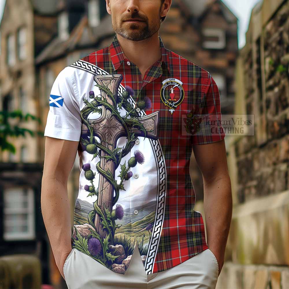 Orr Tartan Hawaiian Shirt with Family Crest and St. Andrew's Cross Accented by Thistle Vines - Tartan Vibes Clothing
