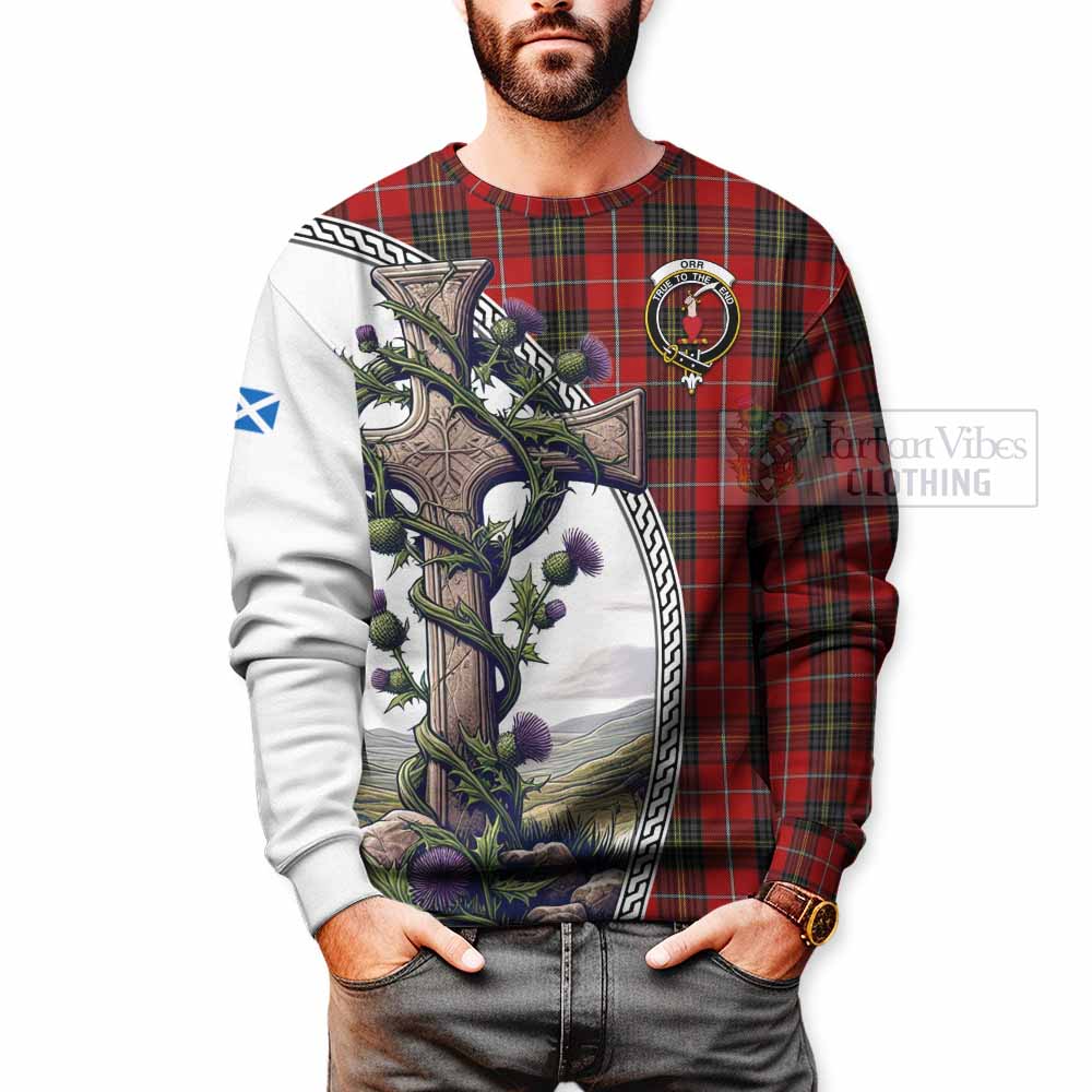 Orr Tartan Sweatshirt with Family Crest and St. Andrew's Cross Accented by Thistle Vines - Tartan Vibes Clothing