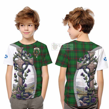Orrock Tartan Kid T-Shirt with Family Crest and St. Andrew's Cross Accented by Thistle Vines Youth XL Size14 - Tartan Vibes Clothing