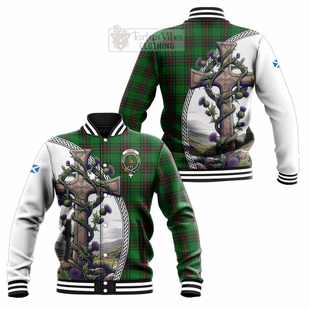 Orrock Tartan Baseball Jacket with Family Crest and St. Andrew's Cross Accented by Thistle Vines Unisex - Tartan Vibes Clothing