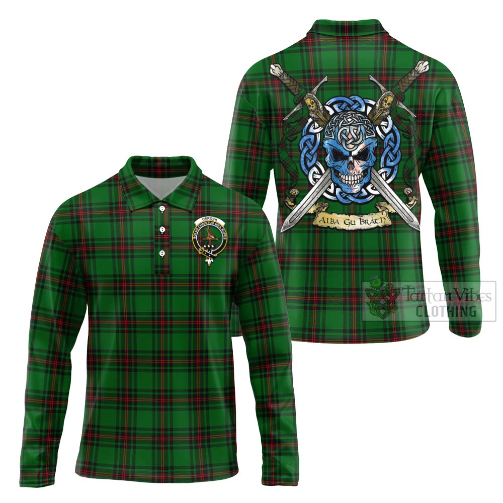 Orrock Tartan Long Sleeve Polo Shirt with Family Crest Celtic Skull Style Unisex - Tartan Vibes Clothing