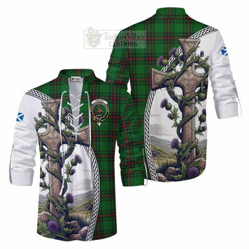 Orrock Tartan Ghillie Kilt Shirt with Family Crest and St. Andrew's Cross Accented by Thistle Vines Men - Tartan Vibes Clothing