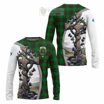 Orrock Tartan Long Sleeve T-Shirt with Family Crest and St. Andrew's Cross Accented by Thistle Vines Unisex - Tartan Vibes Clothing