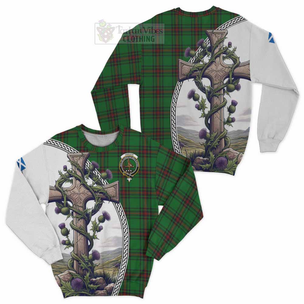 Orrock Tartan Sweatshirt with Family Crest and St. Andrew's Cross Accented by Thistle Vines Unisex - Tartan Vibes Clothing