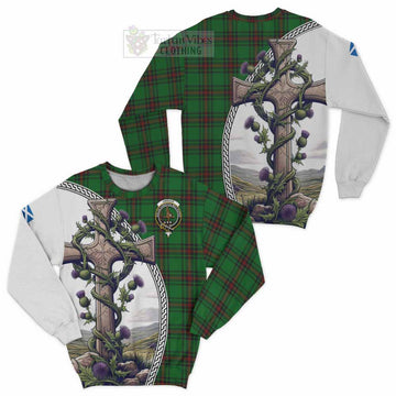 Orrock Tartan Sweatshirt with Family Crest and St. Andrew's Cross Accented by Thistle Vines Unisex - Tartan Vibes Clothing