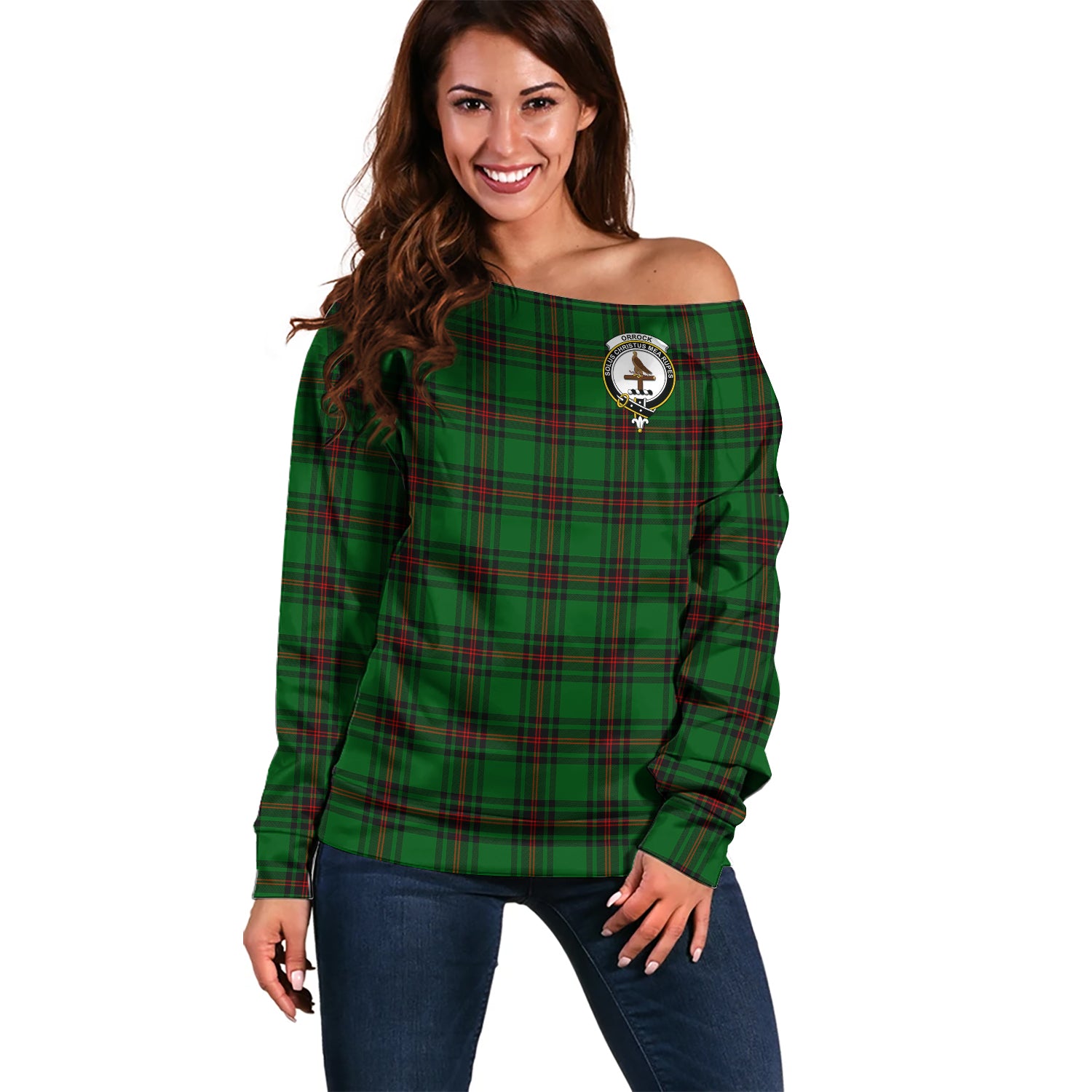 Orrock Tartan Off Shoulder Women Sweater with Family Crest Women - Tartan Vibes Clothing