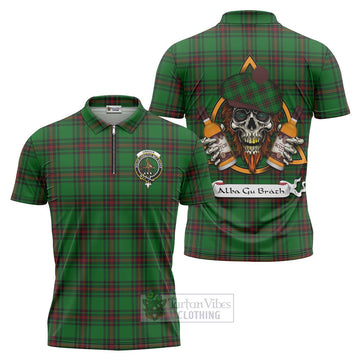 Orrock Tartan Zipper Polo Shirt with Family Crest and Bearded Skull Holding Bottles of Whiskey Unisex - Tartan Vibes Clothing