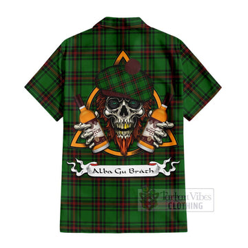 Orrock Tartan Hawaiian Shirt with Family Crest and Bearded Skull Holding Bottles of Whiskey - Tartan Vibes Clothing
