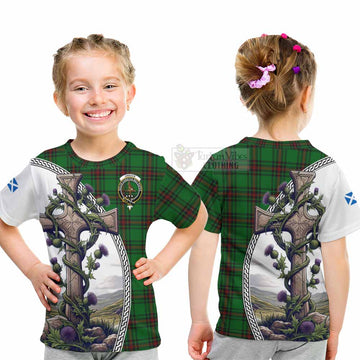 Orrock Tartan Kid T-Shirt with Family Crest and St. Andrew's Cross Accented by Thistle Vines - Tartan Vibes Clothing