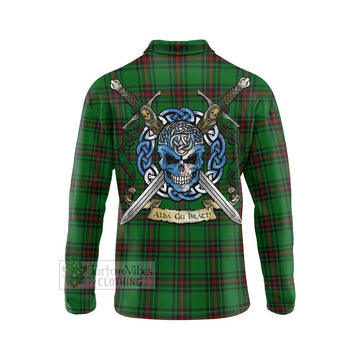 Orrock Tartan Long Sleeve Polo Shirt with Family Crest Celtic Skull Style - Tartan Vibes Clothing