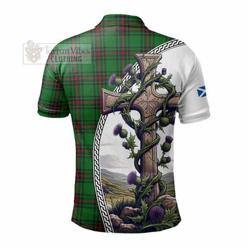 Orrock Tartan Polo Shirt with Family Crest and St. Andrew's Cross Accented by Thistle Vines - Tartan Vibes Clothing