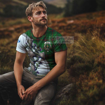 Orrock Tartan T-Shirt with Family Crest and St. Andrew's Cross Accented by Thistle Vines - Tartan Vibes Clothing