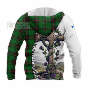 Orrock Tartan Knitted Hoodie with Family Crest and St. Andrew's Cross Accented by Thistle Vines - Tartan Vibes Clothing
