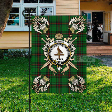 Orrock Tartan Garden Flag with Family Crest and Golden Thistle Crossed Sword Design Garden Flag - Tartan Vibes Clothing