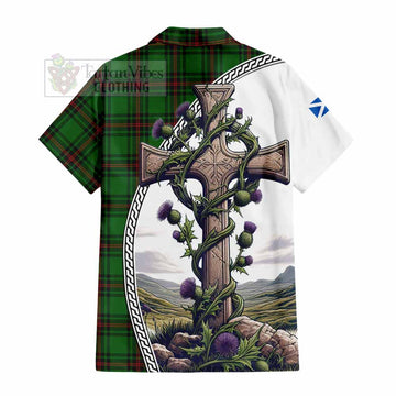 Orrock Tartan Hawaiian Shirt with Family Crest and St. Andrew's Cross Accented by Thistle Vines - Tartan Vibes Clothing