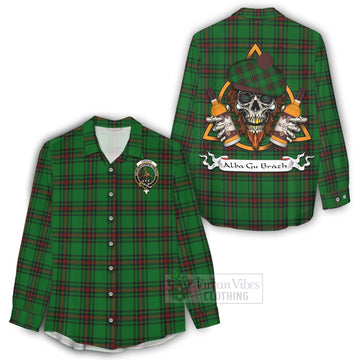 Orrock Tartan Women's Casual Shirt with Family Crest and Bearded Skull Holding Bottles of Whiskey - Tartan Vibes Clothing