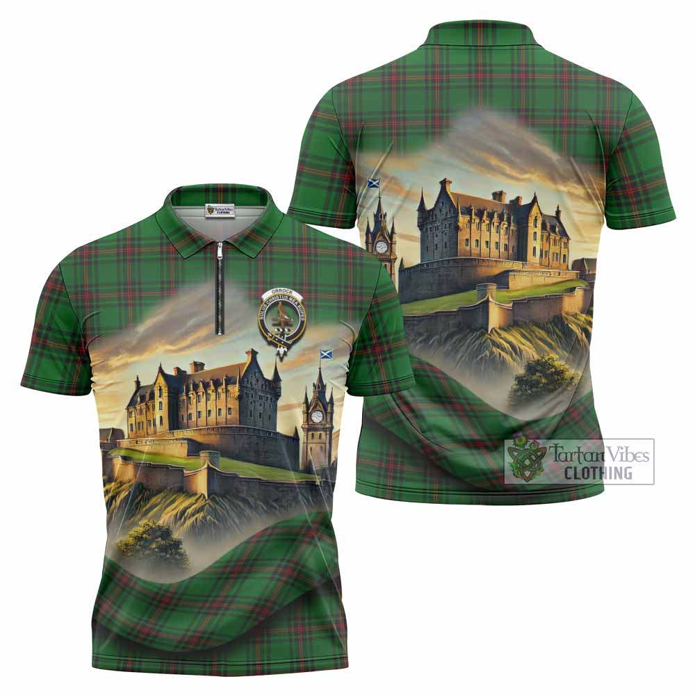 Orrock Tartan Family Crest Zipper Polo Shirt with Scottish Ancient Castle Style - Tartan Vibes Clothing