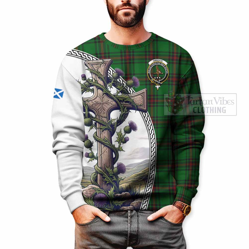 Orrock Tartan Sweatshirt with Family Crest and St. Andrew's Cross Accented by Thistle Vines - Tartan Vibes Clothing