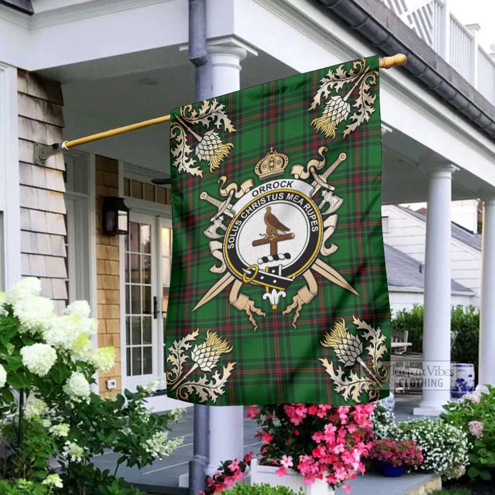 Orrock Tartan Garden Flag with Family Crest and Golden Thistle Crossed Sword Design - Tartan Vibes Clothing
