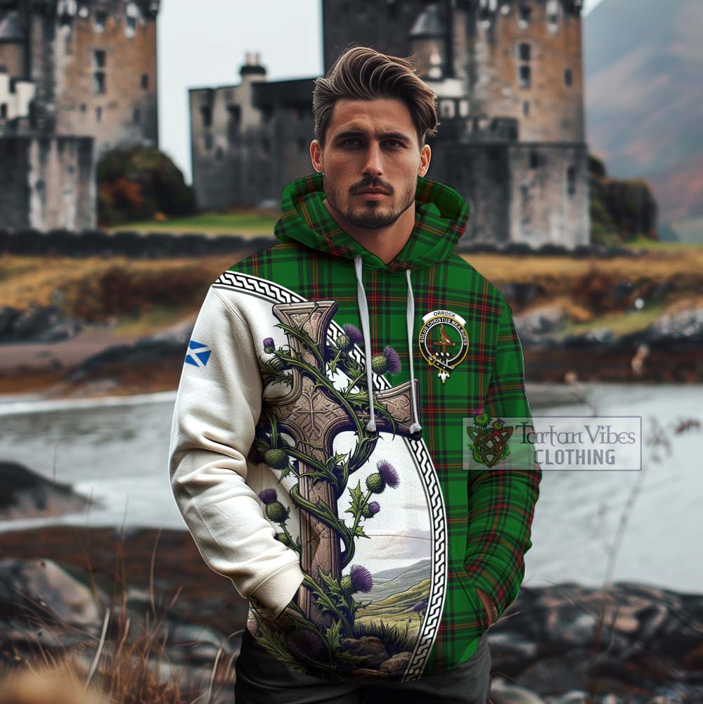Tartan Vibes Clothing Orrock Tartan Cotton Hoodie with Family Crest and St. Andrew's Cross Accented by Thistle Vines