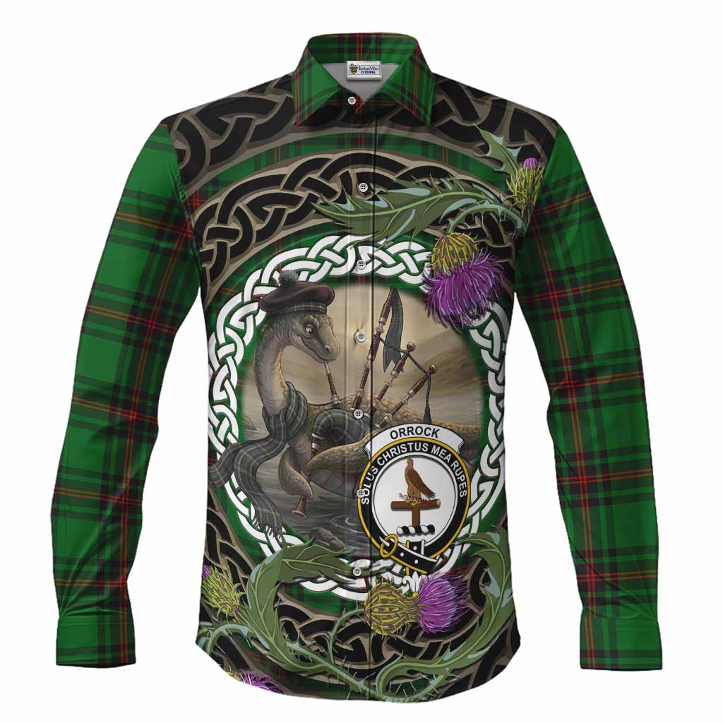 Orrock Tartan Crest Bagpipe Nessie Long Sleeve Button Shirts Scottish Loch Ness Monster Celtic Thistle
