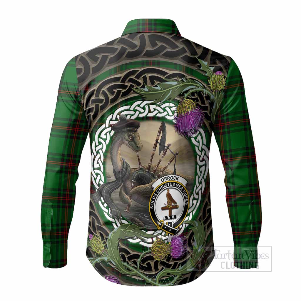 Orrock Tartan Crest Bagpipe Nessie Long Sleeve Button Shirts Scottish Loch Ness Monster Celtic Thistle