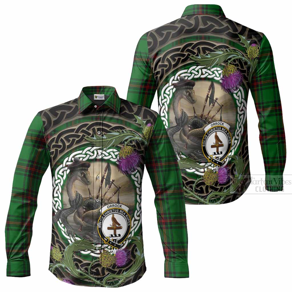 Orrock Tartan Crest Bagpipe Nessie Long Sleeve Button Shirts Scottish Loch Ness Monster Celtic Thistle
