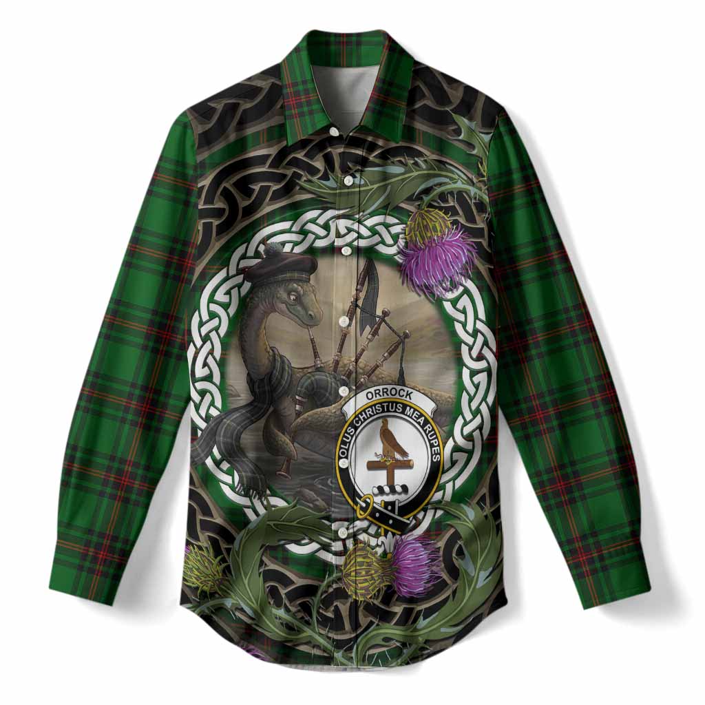 Orrock Tartan Crest Bagpipe Nessie Women Casual Shirt Scottish Loch Ness Monster Celtic Thistle