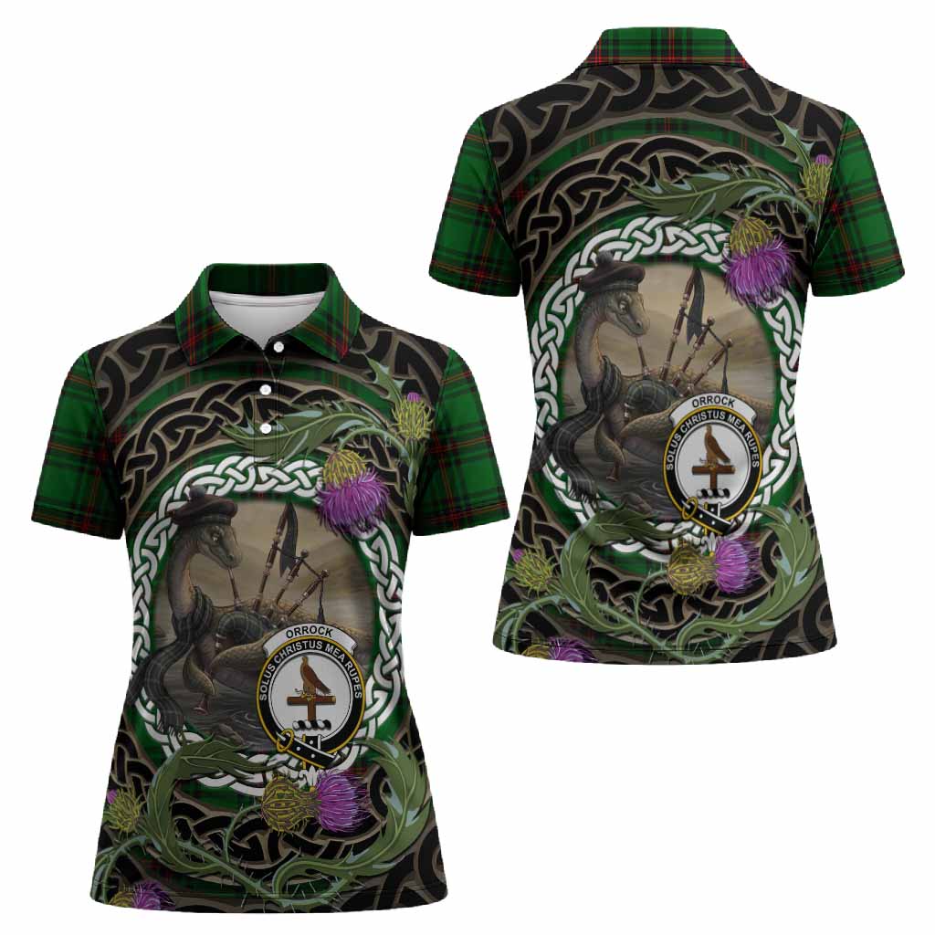 Orrock Tartan Crest Bagpipe Nessie Women Polo Shirt Scottish Loch Ness Monster Celtic Thistle