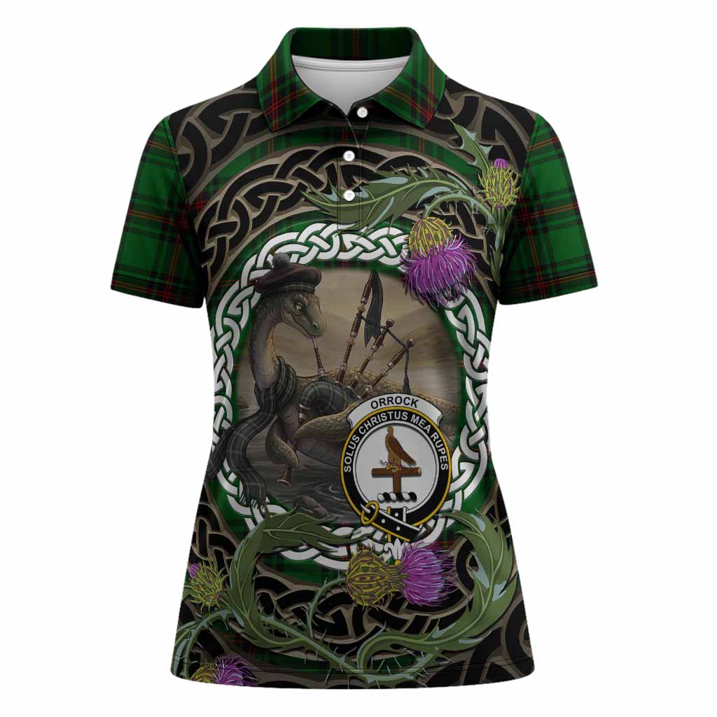 Orrock Tartan Crest Bagpipe Nessie Women Polo Shirt Scottish Loch Ness Monster Celtic Thistle