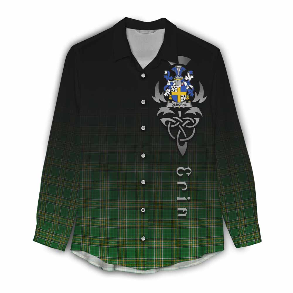 Tartan Vibes Clothing Osborne Irish Clan Women's Casual Shirt with Coat of Arms Erin Go Bragh Celtic Inspired