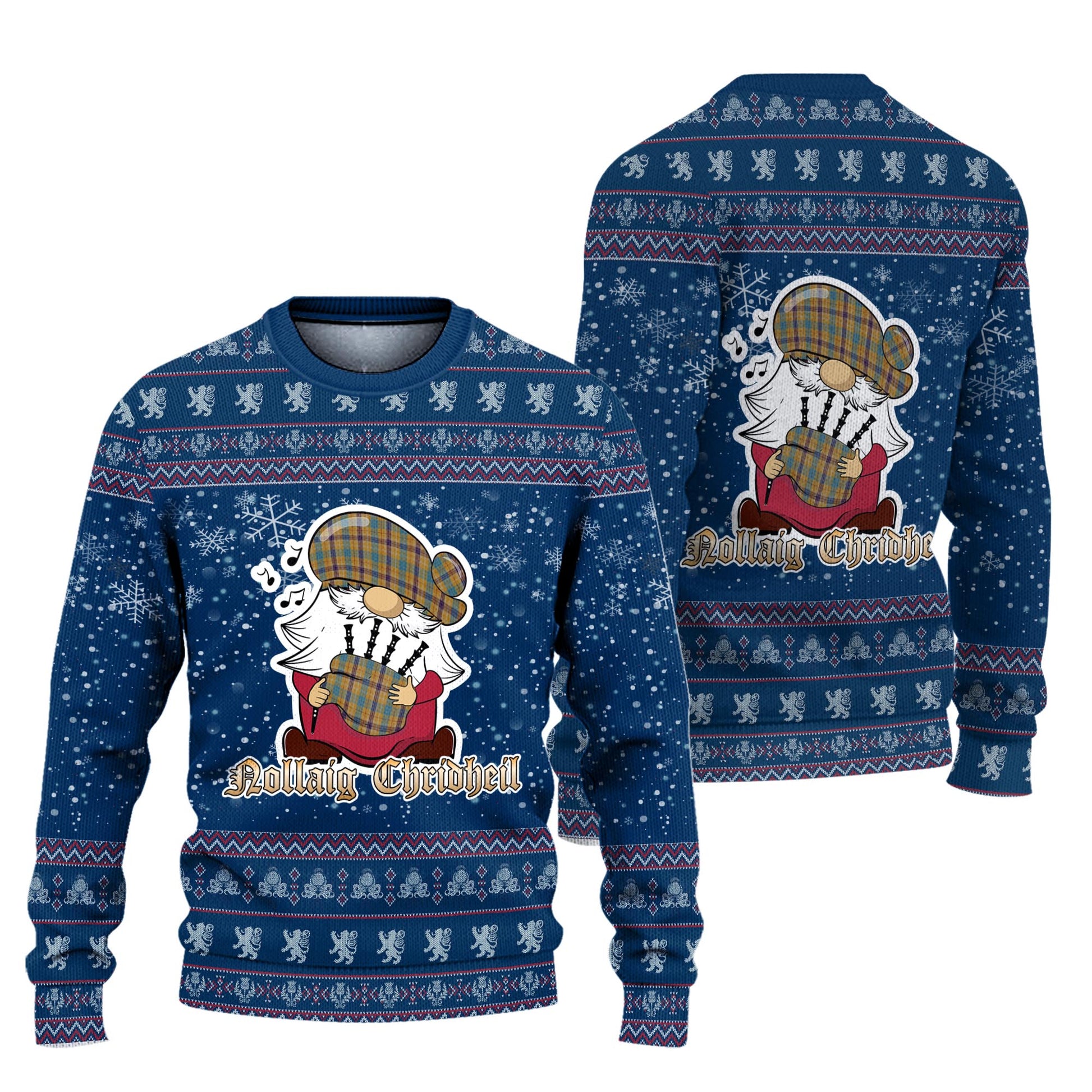 Ottawa Canada Clan Christmas Family Knitted Sweater with Funny Gnome Playing Bagpipes Unisex Blue - Tartanvibesclothing