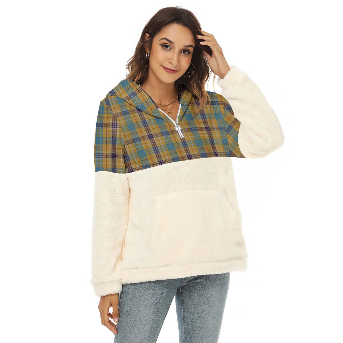 ottawa-canada-tartan-womens-borg-fleece-hoodie-with-half-zip