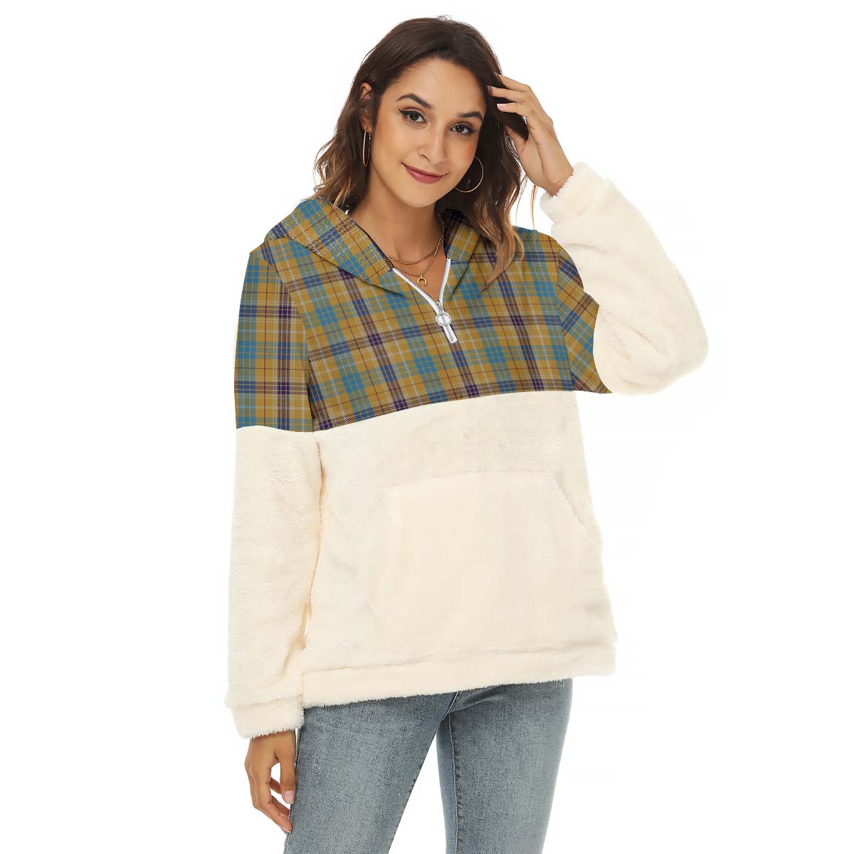 Ottawa Canada Tartan Women's Borg Fleece Hoodie With Half Zip Female - Tartan Vibes Clothing