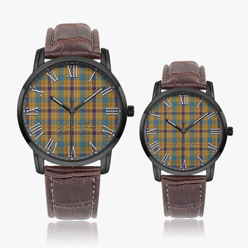Ottawa Canada Tartan Personalized Your Text Leather Trap Quartz Watch Wide Type Black Case With Brown Leather Strap - Tartanvibesclothing