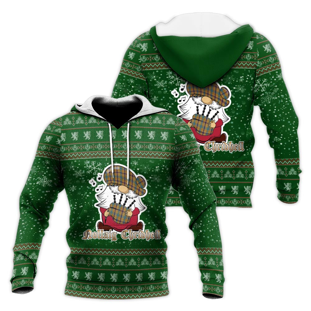 Ottawa Canada Clan Christmas Knitted Hoodie with Funny Gnome Playing Bagpipes Green - Tartanvibesclothing
