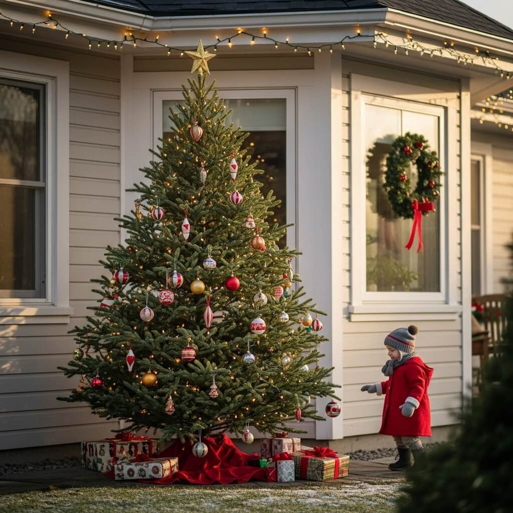 Outdoor Christmas tree decorated with red and gold ornaments and lights, with a child in a red coat admiring it beside a festively adorned house.