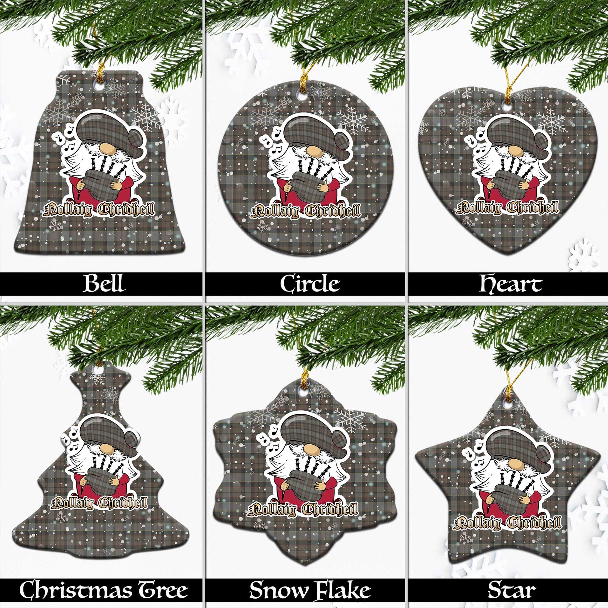 Outlander Fraser Tartan Christmas Ornaments with Scottish Gnome Playing Bagpipes Ceramic - Tartanvibesclothing Shop