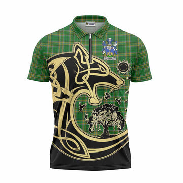 Owen Irish Tartan Zipper Polo Shirt with Coat of Arms Celtic Wolf Style