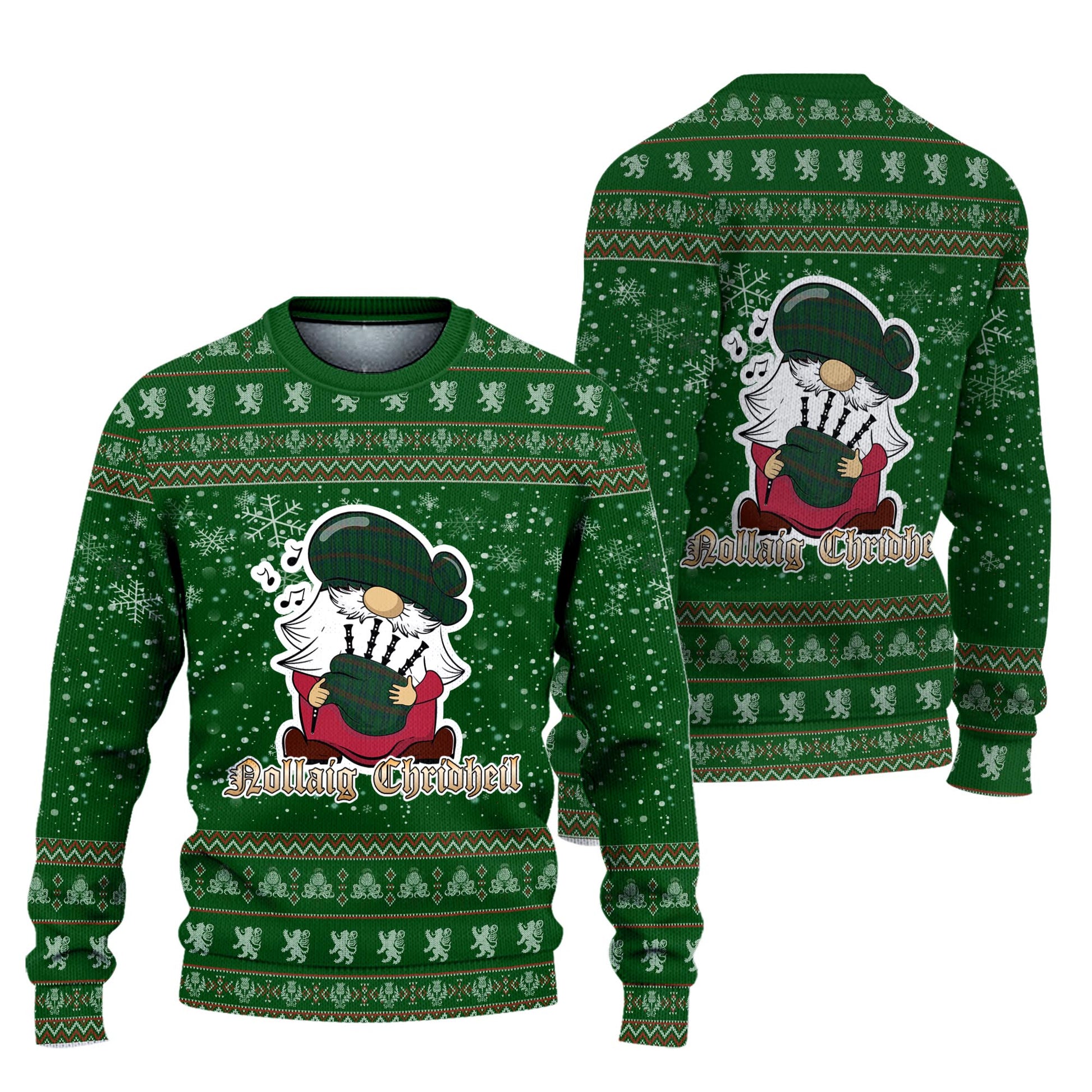 Owen of Wales Clan Christmas Family Knitted Sweater with Funny Gnome Playing Bagpipes Unisex Green - Tartanvibesclothing