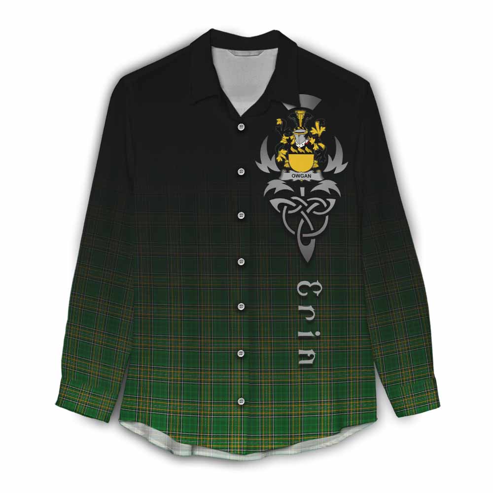Tartan Vibes Clothing Owgan Irish Clan Women's Casual Shirt with Coat of Arms Erin Go Bragh Celtic Inspired