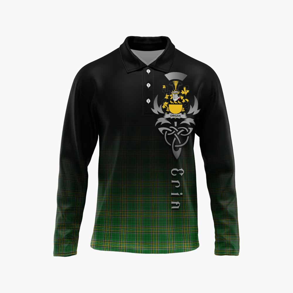 Tartan Vibes Clothing Owgan Irish Clan Long Sleeve Polo Shirt with Coat of Arms Erin Go Bragh Celtic Inspired